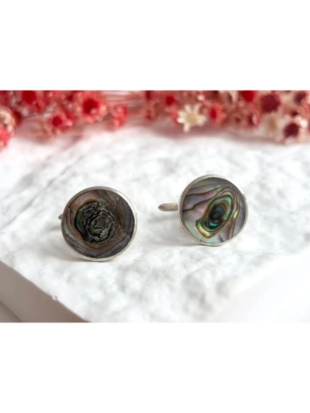 Abalone Inlaid Round Taxco, Mexico Made Sterling Silver 925 Men's Cufflinks